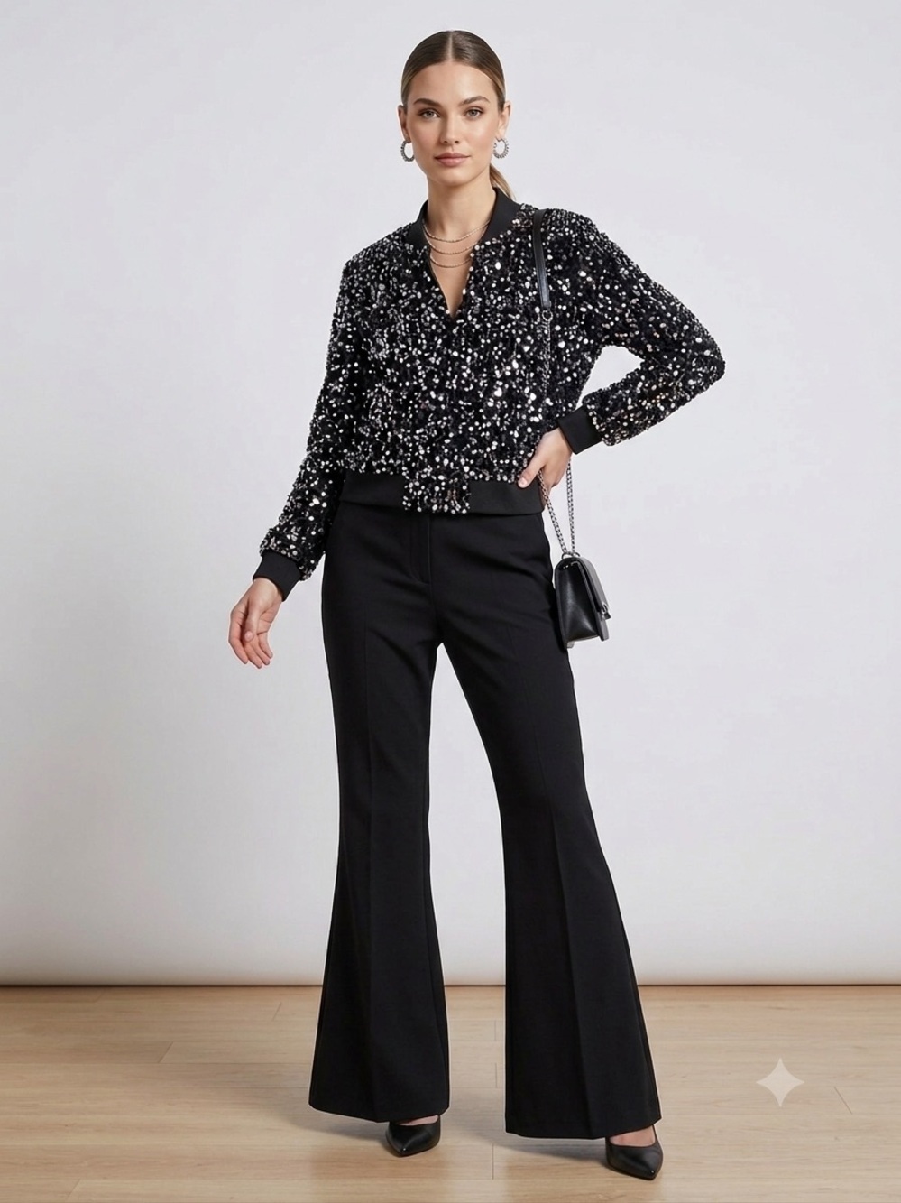 Nanette Lepore Baddie Sequin Cropped Bomber Jacket XTRA-SMALL Black Ribbed
